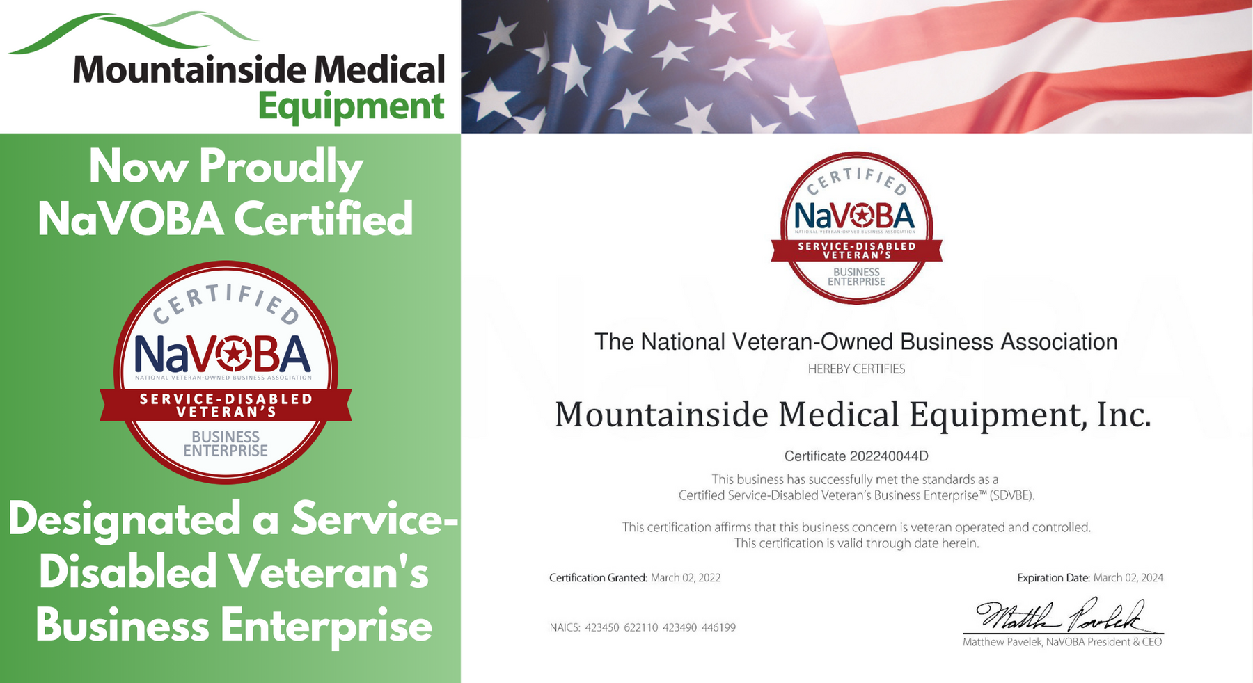 Mountainside Medical Equipment Becomes Certified by the National Veteran-Owned Business Association