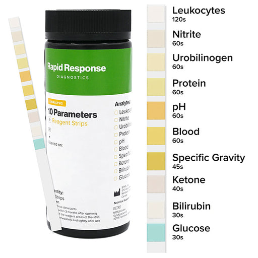 10 SG Urine Reagent Test Strips 10 Parameters for health diagnostics, monitor glucose, protein, ketones, pH, and more in urine analysis.