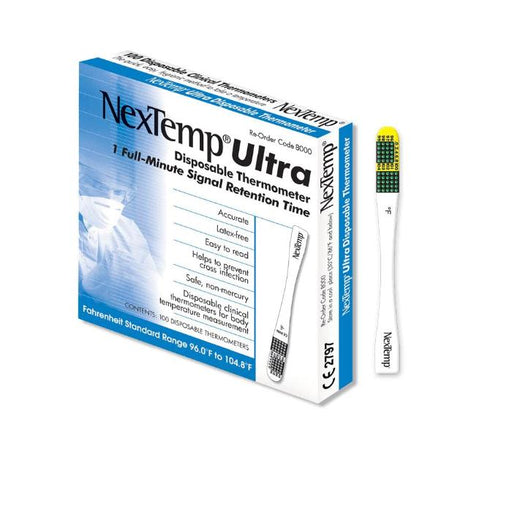 NexTemp Oral Disposable Thermometers 96 to 104 °F, 100/Box; accurate, essential for patient health monitoring.