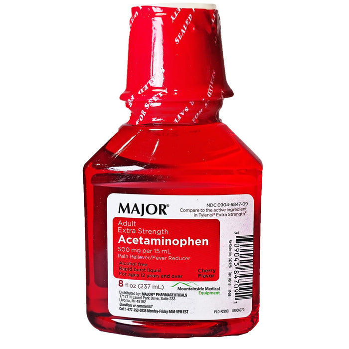 Acetaminophen Liquid Extra Strength 500 mg bottle for effective pain relief, reducing fever, and soothing headache discomfort.