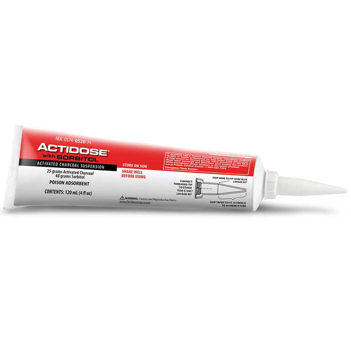 Actidose with Sorbitol tube, used for emergency poison treatment, supports gastrointestinal decontamination and safe activated charcoal use.