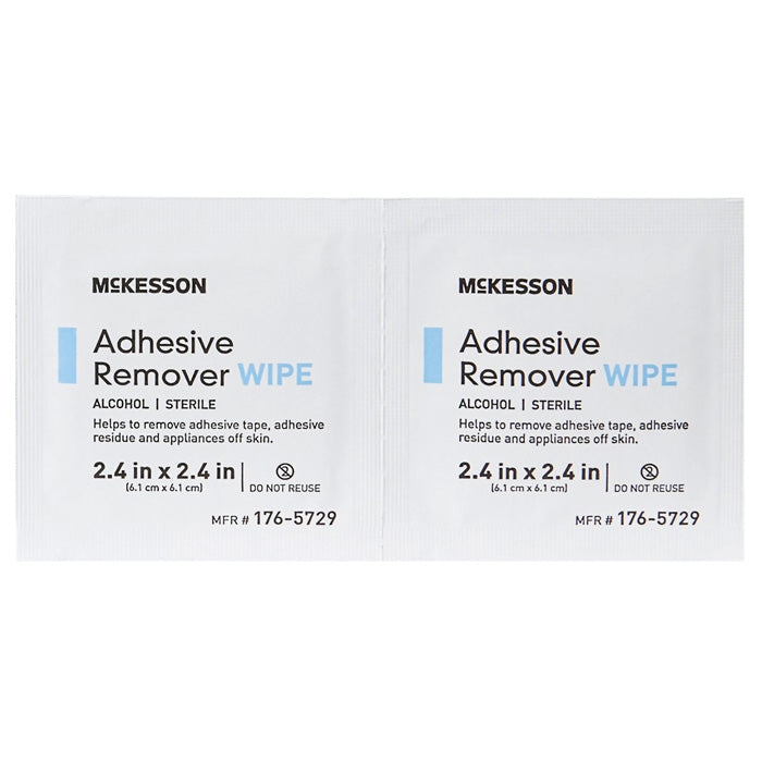 Adhesive Remover Wipes on a counter, used for gently removing medical tape and sticky residue from skin after surgery or wound care.