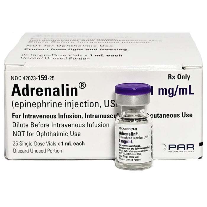 Adrenalin Epinephrine Injection (1:1000) vial for treating severe allergic reactions and anaphylactic emergencies.