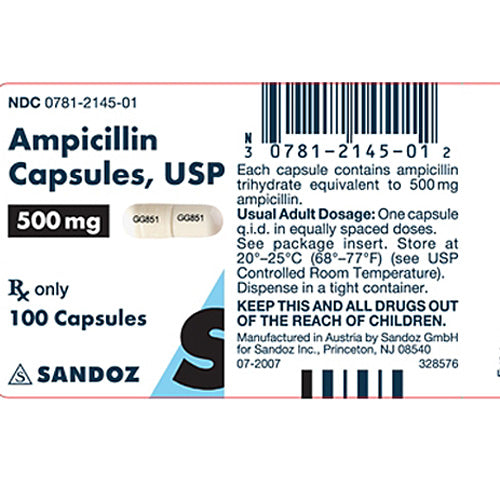 Image of Ampicillin Trihydrate 500 mg capsules, used to treat respiratory, urinary, and skin infections with broad-spectrum antibacterial action.