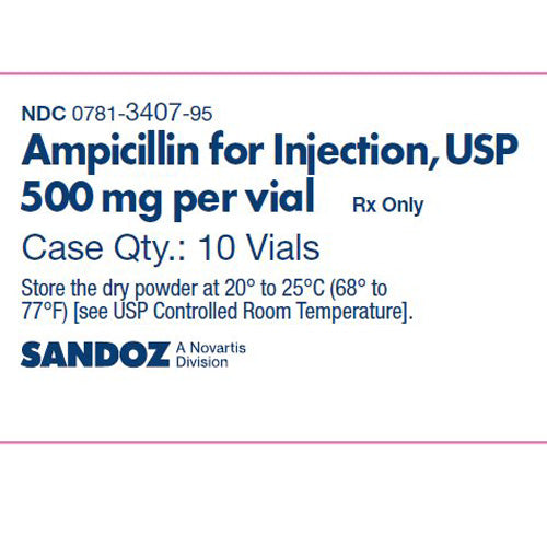 Image of Ampicillin for Injection 500 mg per vial by Sandoz, used for effective treatment of bacterial infections in hospital and clinical care.