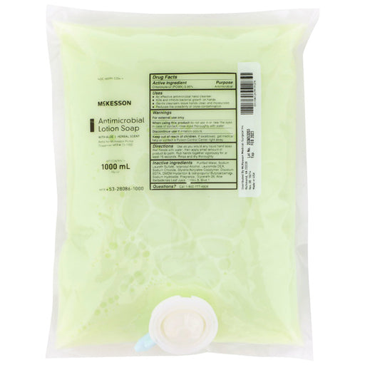 Antimicrobial Lotion Soap with Aloe 1000 mL Dispenser Refill Bag by McKesson ensures effective hygiene with soothing skin protection.