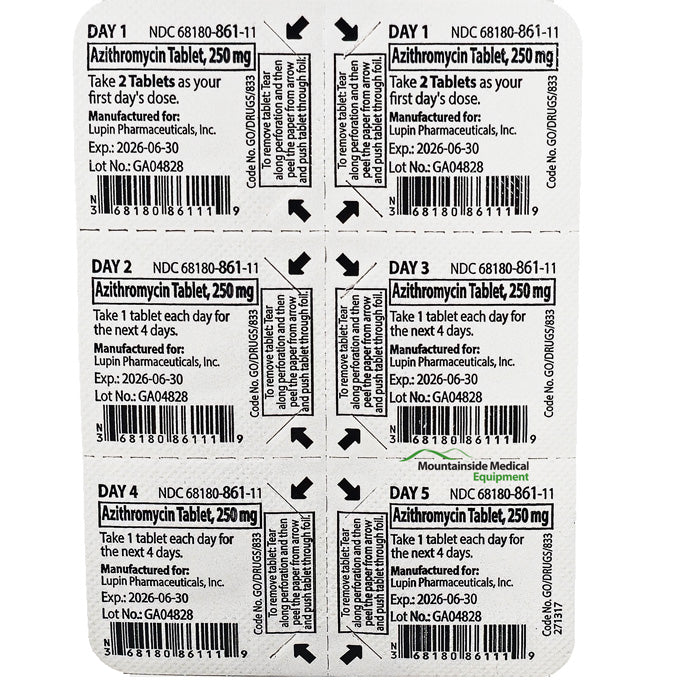 Azithromycin Tablets 250 mg Blister Pack, antibiotics for bacterial infection; focus on dosage and healthcare.