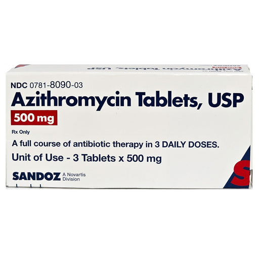 Azithromycin Tablets 500 mg pack used for treating bacterial infections, including respiratory, skin, and sexually transmitted infections.