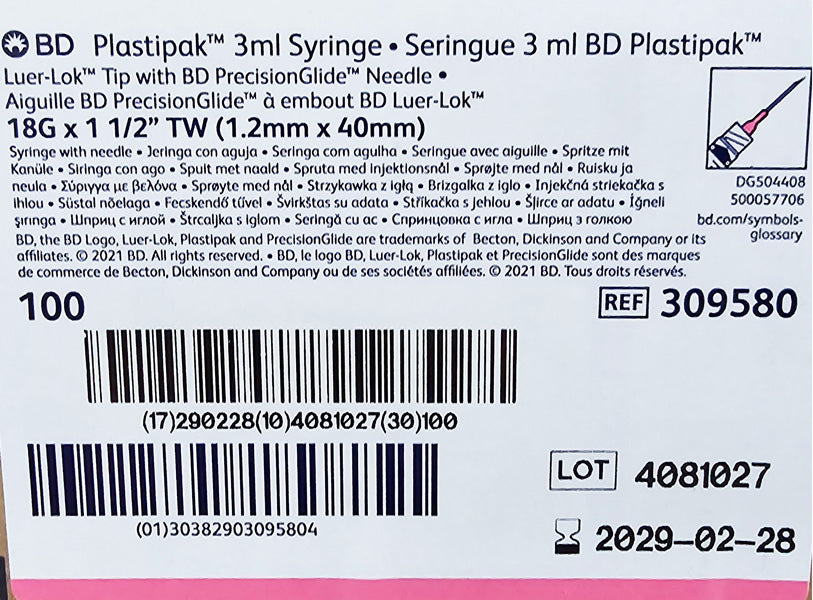 BD 309580 Plastipak 3 ml Syringes Label