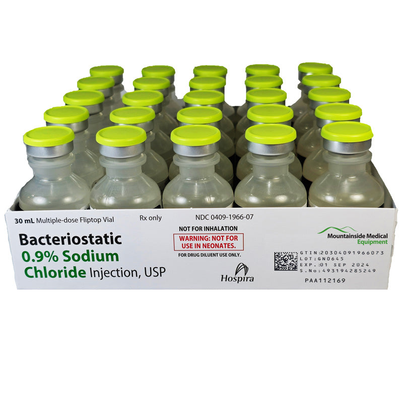 Bacteriostatic Sodium Chloride 0.9% featuring sterile vials, ideal for medication dilution and infection control in medical settings.