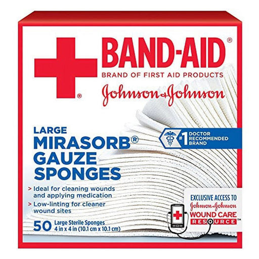 Band-Aid Mirasorb Gauze Sponges 4 x 4 inch by Johnson & Johnson, ideal for wound care, absorption, and medical dressing applications.