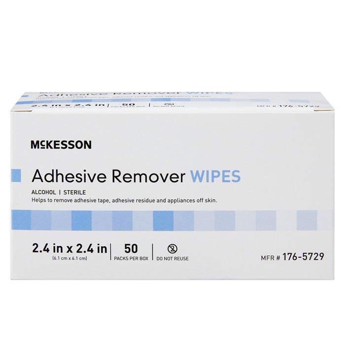 Adhesive Remover Wipes on a tray, used for gently cleaning medical tape residue from skin in wound care or after surgical dressing changes.