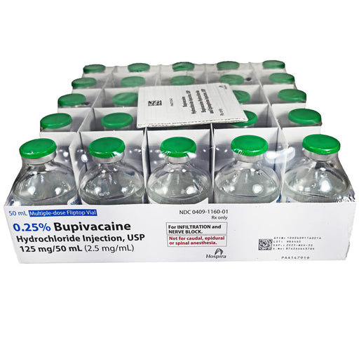 Bupivacaine 0.25% Injection Multiple Dose 50 mL, used for local anesthesia and pain management in surgical and post-operative care.