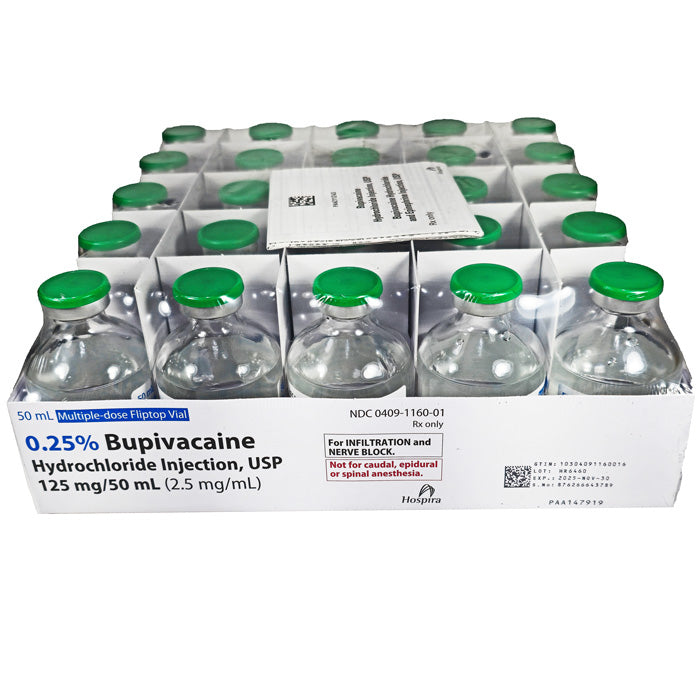 Bupivacaine 0.25% Injection Multiple Dose 50 mL, used for local anesthesia and pain management in surgical and post-operative care.