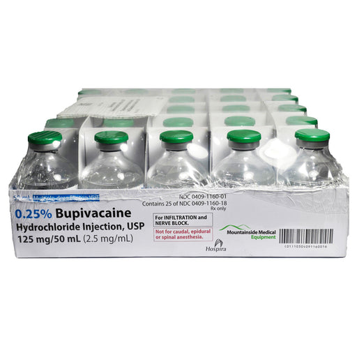 Bupivacaine 0.25% for Injection Multiple Dose 50 mL Vials on a medical cart, vital for providing local anesthesia and effective pain management.