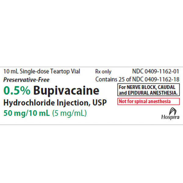 Bupivacaine 0.5% for Injection Single-Dose 10 mL Vial label, essential for precise dosing in local anesthesia and pain relief applications.