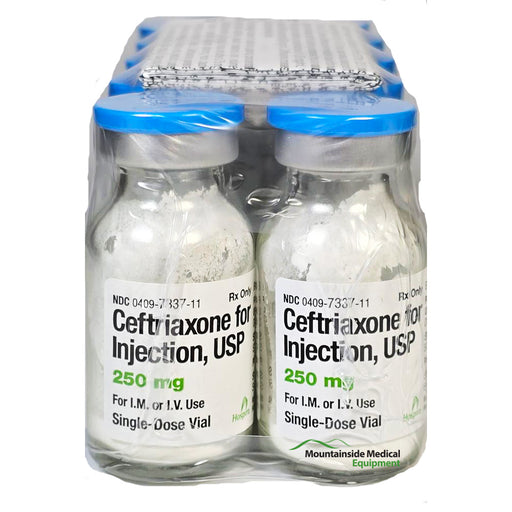 Ceftriaxone Sodium Injection 250 mg 1 mL Vials arranged on a medical tray, essential for antibiotic treatment and combating infections.