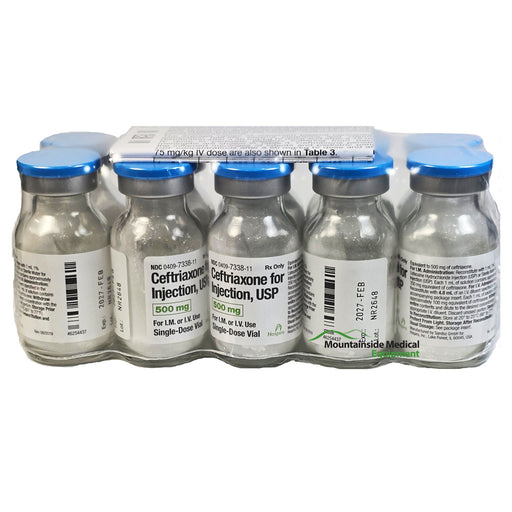 Ceftriaxone Sodium Injection 500 mg 1 mL vials on a sterile tray, crucial for antibiotic therapy and combating bacterial infections efficiently.