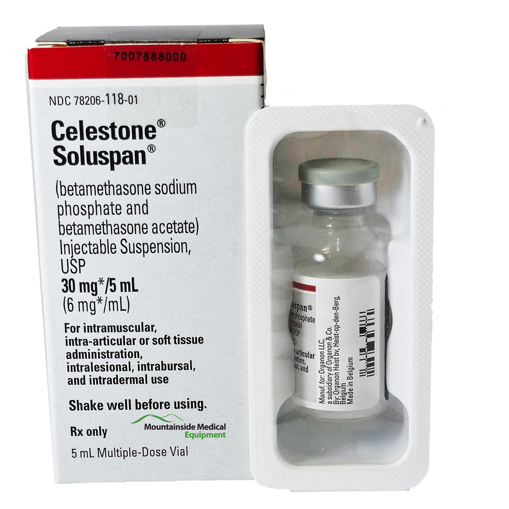 Celestone Soluspan Injection vial used for treating inflammation, severe allergies, and joint pain management in clinical settings.