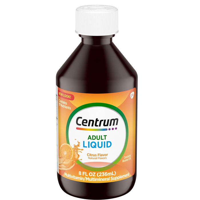 Centrum Liquid Multivitamin & Multimineral with C, E, beta-carotene for immune and health support, citrus flavor.