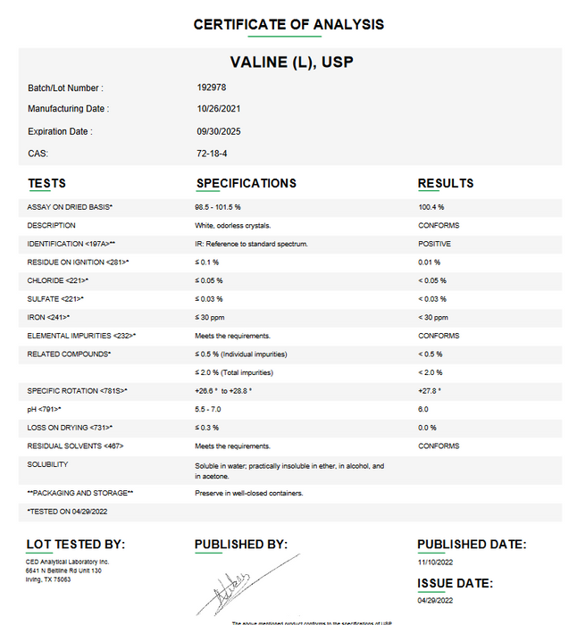 Certificate of Analysis for Valine (L) USP For Compounding (API) by Medisca