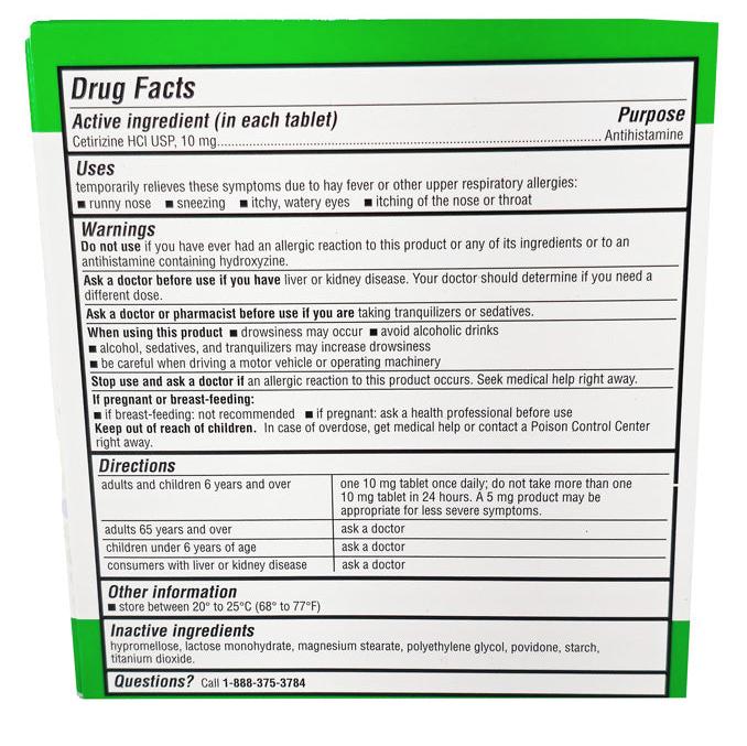 Cetirizine Hydrochloride Tablets 10 mg Drug Facts: Antihistamine for allergy relief, sinus care, and reducing hay fever symptoms.