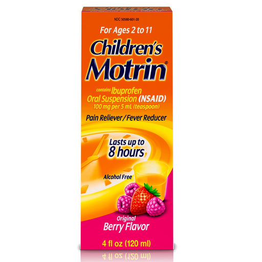 Children's Motrin Ibuprofen Liquid Oral Suspension Berry Flavor provides effective fever and pain relief with a kid-friendly taste.