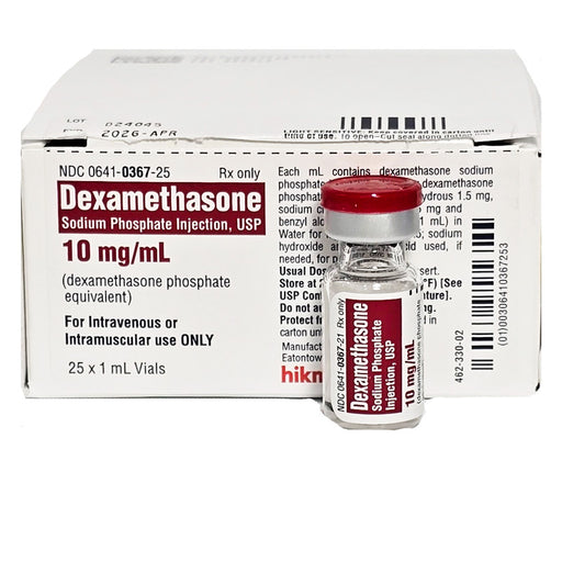 A vial of Dexamethasone Sodium Phosphate 1 mL for Injection used for treating severe allergies and inflammation.