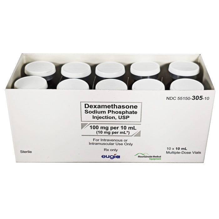 Dexamethasone Sodium Phosphate Injection 10 mL box of 10 vials, used for anti-inflammatory and allergic reactions, corticosteroid therapy.