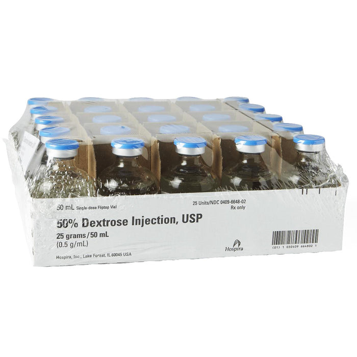 Dextrose 50% Injection Vials 50 mL by Pfizer, 25/tray, on a medical cart, crucial for emergency glucose boost and treating hypoglycemia.