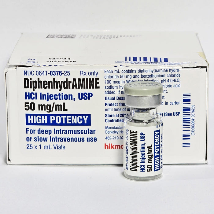 Diphenhydramine for Injection 50 mg vial and box, used for rapid relief in allergic reactions and anaphylaxis, features detailed dosage instructions.