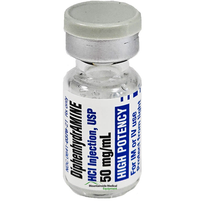 Diphenhydramine for Injection 50 mg vial for rapid allergy relief and anaphylaxis treatment, showing essential dosage information.