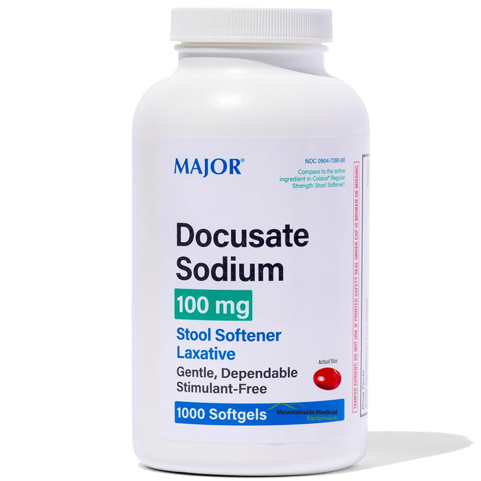 Docusate Sodium 100 mg Stool Softener Laxative bottle, ensures gentle constipation relief and supports digestive health wellness.