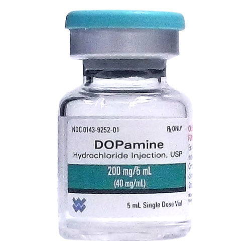 Dopamine Hydrochloride Injection Vial used for managing shock, heart failure, and low blood pressure by enhancing cardiac output and circulation.