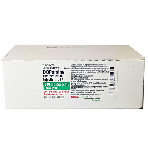 Dopamine Hydrochloride Injection box for treating shock, low blood pressure, and heart failure, improving cardiac output and blood flow.