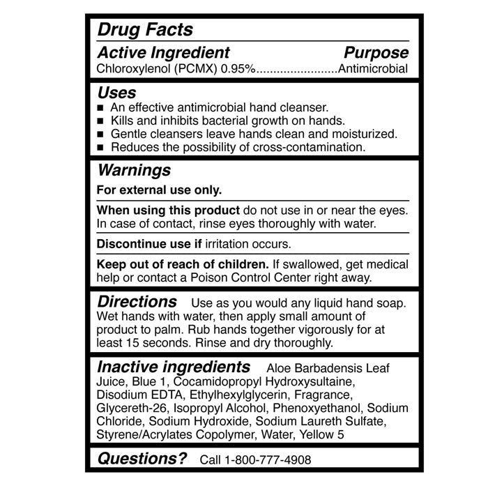 Drug Facts panel for Antimicrobial Lotion Soap with Aloe 1000 mL Dispenser Refill Bags highlights active ingredients and skin benefits.