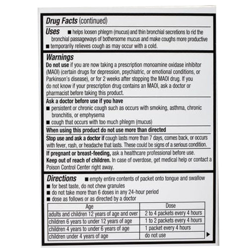 Drug facts for Mucinex Children’s Cough and Chest Congestion Relief Mini-Melts, guiding effective respiratory and cold symptom management.