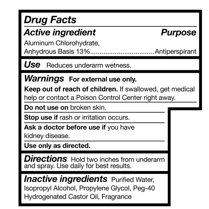 Drug Facts label for Antiperspirant Deodorant Spray with Fresh Scent 2 oz