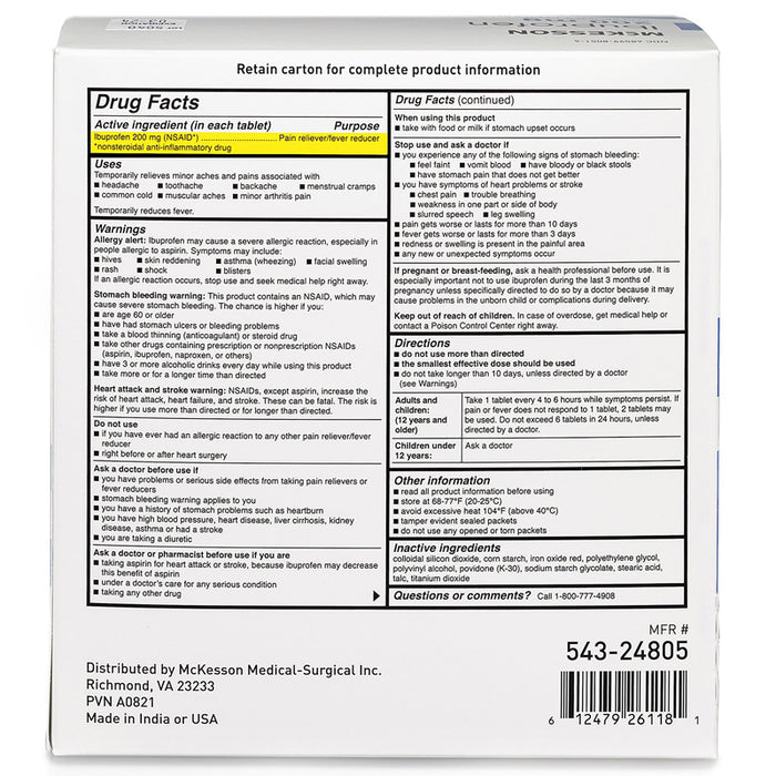 Drug Facts Panel for Ibuprofen 200 mg Unit Dose Pain Relief Tablets  by McKesson