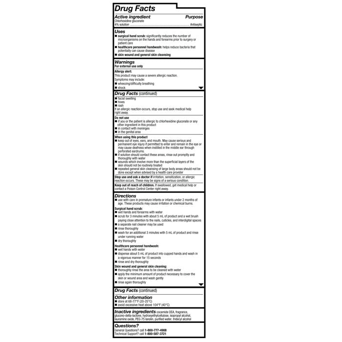 Drugs Facts for Antiseptic Skin Cleanser Chlorhexidine Gluconate (CHG) 4% displaying active ingredients, usage, and infection control details.