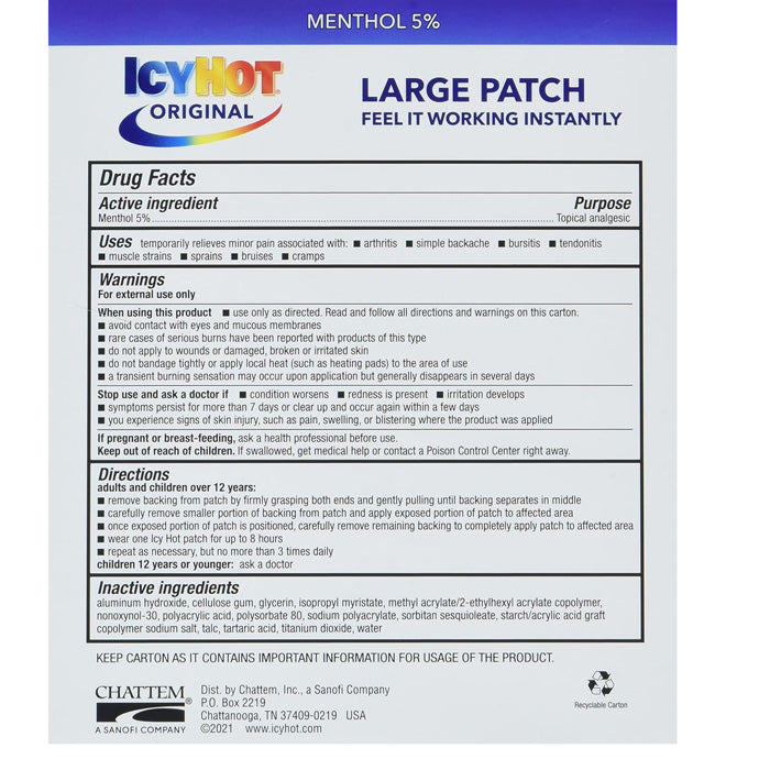 Drug facts for Icy Hot Extra Strength XL Back Patches, detailing active ingredients for effective muscle and joint pain relief.