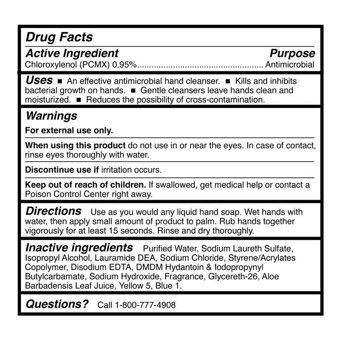 Drug facts for Antimicrobial Moisturizing Soap with PCMX (Chloroxylenol) and Aloe detailing active ingredients, usage, and skin benefits.