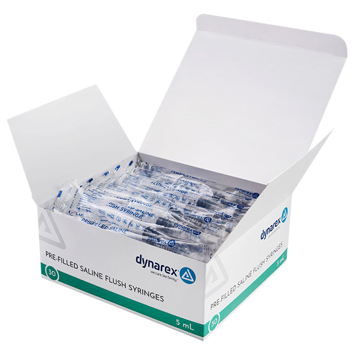 Box of Prefilled Sodium Chloride Normal Saline Syringes for IV flush, wound care, and hydration. Sterile and convenient in medical settings.