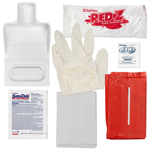 Emergency Sanitation and Protection Kit with Red Biohazard Bag with Tie, 1 pair Powder-free Gloves, Fluid Solidifier 10 gm Packet, Pick-Up Scoop with Scraper, Hard Surface Wipe, Antimicrobial Hand Wipe, 3 each C-Fold Paper Towels
