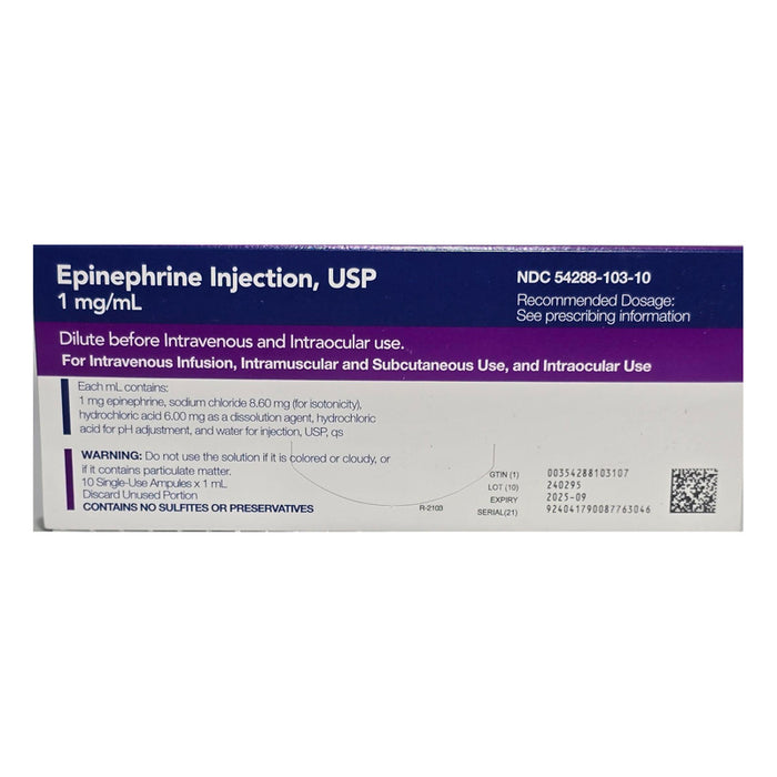 Epinephrine for Injection 1 mL Ampules by BPI Labs NDC 54288-0103-10