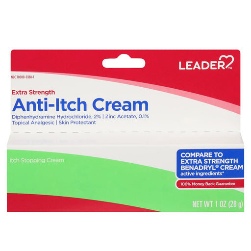 Extra Strength Anti-Itch Cream 0.5 oz (28 g) by Leader for rapid relief of itching and irritation, essential for skin health and allergy care.