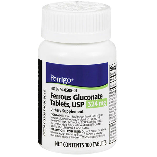 Image of Ferrous Gluconate Tablets 324 mg bottle, showcasing iron supplement benefits for anemia management and optimal blood health.