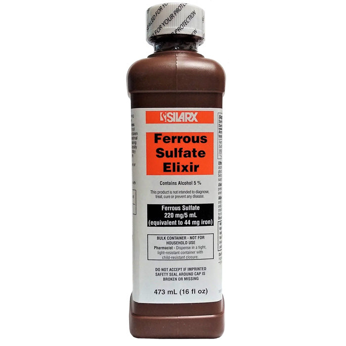 A 473 mL bottle of Ferrous Sulfate Liquid Iron Supplement Elixir, ideal for boosting iron levels, enhancing energy, and supporting overall wellness, set on a neutral background with a wellness-focused design.