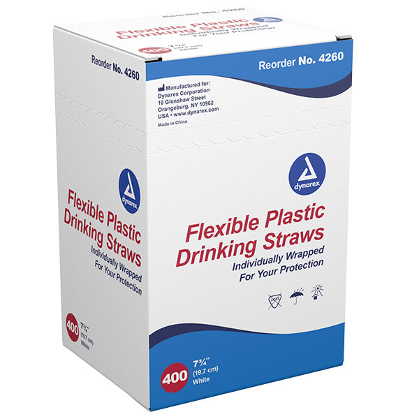 Flexible Drinking Straws, Disposable White 400/Box by Dynarex