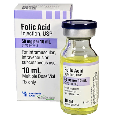 Folic Acid for Injection 50 mg Per 10 mL vial, essential for DNA synthesis, supporting cellular growth and overall metabolic health.